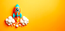 Colorful Toy Rocket Launching With Clouds On Orange Background. Generative AI