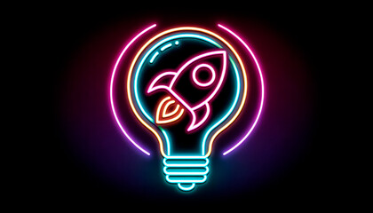 Wall Mural - neon light bulb with rocket icon. generative ai