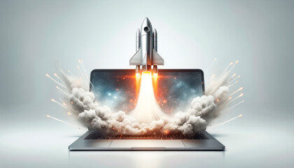 Wall Mural - laptop displaying a space shuttle launch with spark effects. generative ai