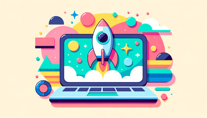 Wall Mural - colorful laptop with whimsical rocket launch display, generative ai