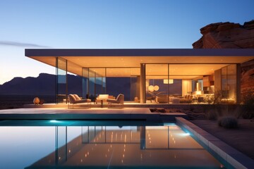 luxury modern glass and concrete villa in the desert with a pool. Minimal architecture.