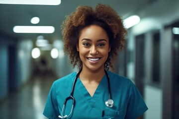 diverse black female intern, nurse or doctor in green blue scrubs in clinic or hospital, smiling