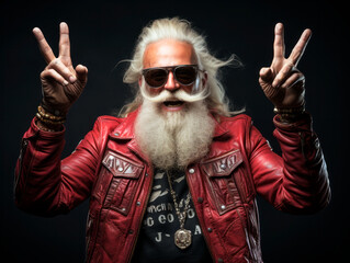 Portrait of an old man with a long white beard and mustache wearing a red leather jacket and sunglasses on a black background. Generative AI