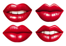 Set Of 3d Realistic Red Lips Showing Teeth Isolated On White Or Transparent Background, Png.