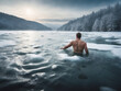 Winter swimming, man in frozen lake. Generative Ai