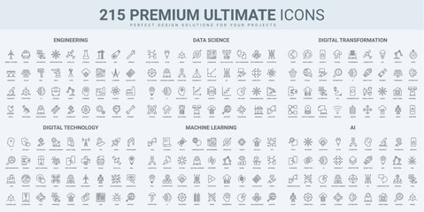 Fototapete - AI and smart technology, science research and machine learning thin black line icons set vector illustration. Outline symbols of data analysis automation and protection, robot and neural network