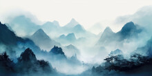 Mountain Scenery, Watercolor. Chinese Or Japanese Blue Mountains. Landscape Of Foggy Mountains In The Early Morning