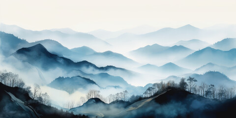 Naklejka na meble Panoramic view of the mountains in the fog. Misty Mountain scenery, Watercolor. Mountains Landscape