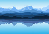 Fototapeta Natura - View of blue mountains. Picturesque reflection in the lake, mountains . Vector illustration.