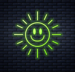 Poster - Glowing neon Sun icon isolated on brick wall background. Vector