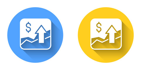 Sticker - White Financial growth increase icon isolated with long shadow background. Increasing revenue. Circle button. Vector