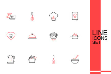 Sticker - Set line Cooking whisk with bowl, Spatula, pot, Electric kettle, on fire, Covered tray of food and Chef hat icon. Vector