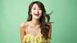 Portrait of vogue fashion smiling Asian girl, soli color background