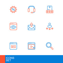 Poster - Set line Magnifying glass, Video advertising, SEO optimization, Consumer product rating, Personal information collection, Mail and e-mail, and Headphones icon. Vector