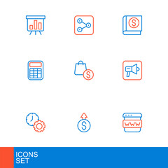 Canvas Print - Set line Browser window, Financial growth dollar, Time management, Megaphone, Calculator, shopping bag and, book and Share icon. Vector