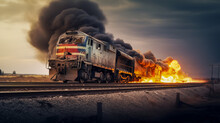 Train Derailment Accident And Fire. Burning Train