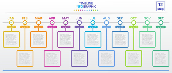 Aufkleber - Infographic template for business. Modern Timeline diagram calendar with 12 steps and tick marks for target achievement.