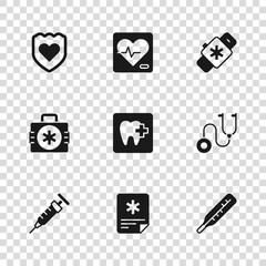 Sticker - Set Patient record, Stethoscope, Medical thermometer, Dental clinic location, Smart watch with heart, Immune system, Heart rate and First aid kit icon. Vector