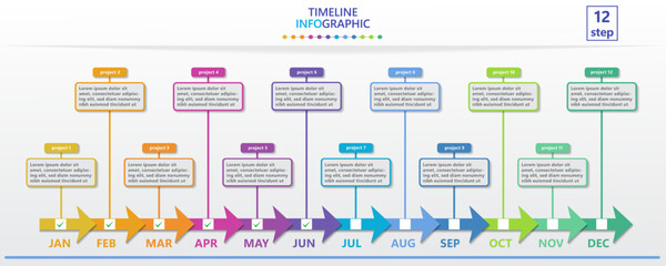 Aufkleber - Infographic template for business. Modern Timeline diagram calendar with 12 steps and tick marks for target achievement.