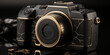Foto Kamera in gold schwarz edel verarbeitet als Symbol im Querformat für Banner, ai generativ
