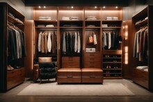 Modern wooden wardrobe with clothes and accessories in brown and beige tones