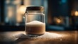 Close up high resolution image of a jar of fresh and natural salt. Generative AI.