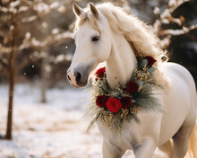 Beautiful White Horse Portrait Outdoors In A Snowy Field With A Holiday Red And Green Christmas Wreath Around Neck 