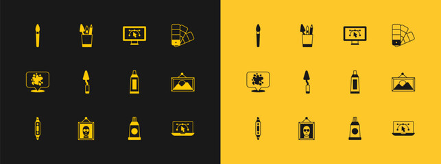 Poster - Set Color palette guide, Picture, Tube with paint, Palette knife, Computer design program, Paint brush and Pencil case stationery icon. Vector