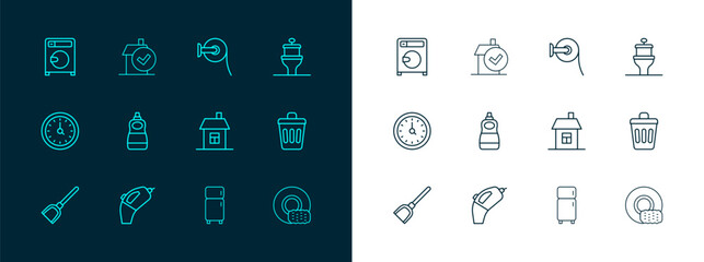 Poster - Set line Toilet bowl, Portable vacuum cleaner, House, Refrigerator, Dishwashing liquid bottle, paper roll, Washer and Home cleaning service icon. Vector