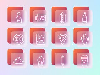 Poster - Set line Bottle of wine, Muffin, Slice pizza, Rolling pin, Cookbook, Hotdog, Sauce bottle and Cheese icon. Vector