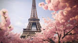 Fototapeta Miasta - Eiffel Tower in Paris with purple tree created with Generative AI technology