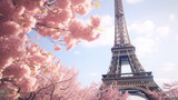 Fototapeta Na drzwi - Eiffel Tower in Paris with purple tree created with Generative AI technology