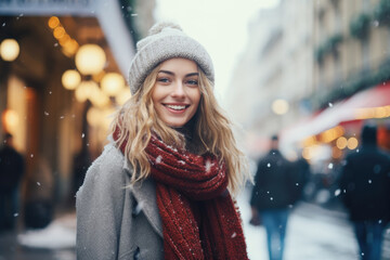 Wall Mural - Portrait of beautiful young happy woman in winter clothes at street Christmas market in Paris. Real people