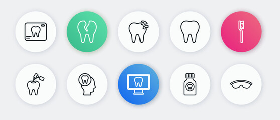 Poster - Set line Online dental care, Toothbrush, with caries and drill, Toothache painkiller tablet, Broken tooth, Safety goggle glasses and icon. Vector