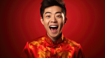 Portrait of smiling vogue Asian man with Chinese traditional clothing, solid color background