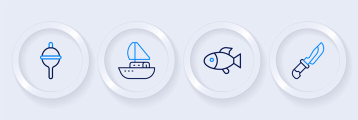 Sticker - Set line Knife, Fish, Yacht sailboat and Fishing float icon. Vector