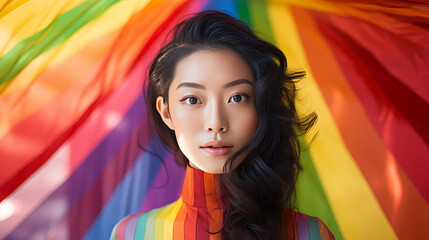 Wall Mural - Portrait of an asian woman with rainbow flag, generated with ai