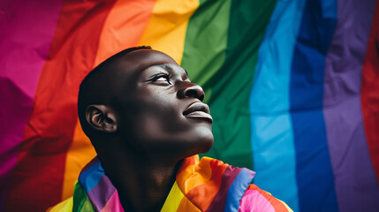 Wall Mural - Portrait of a black member of the LGBTQ community with rainbow flag, generated with ai