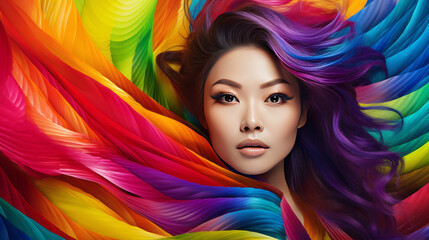 Wall Mural - Portrait of an asian woman with rainbow colors, generated with ai