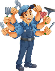 Poster - A handyman cartoon handy man caretaker construction worker or maintenance man multitasking caretaker concept.