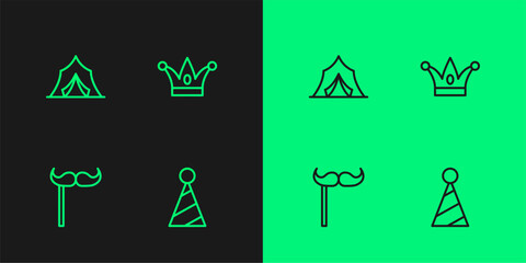 Poster - Set line Party hat, Paper mustache on stick, Circus tent and Jester with bells icon. Vector