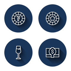 Poster - Set line Casino chips, Wine glass and Stacks paper money cash with long shadow. Blue circle button. Vector