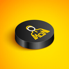 Poster - Isometric line Wetsuit for scuba diving icon isolated on yellow background. Diving underwater equipment. Black circle button. Vector