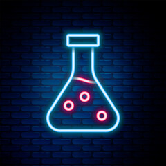 Poster - Glowing neon line Test tube and flask chemical laboratory test icon isolated on brick wall background. Laboratory glassware sign. Colorful outline concept. Vector