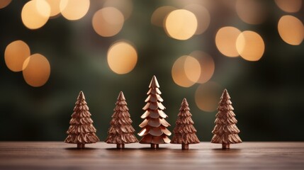 Canvas Print - Small christmas trees on a wooden table with blurred bokeh, AI