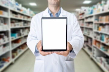 pharmacist hand hold digital tablet in pharmacy
