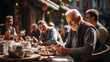 Photo of a company of company of elderly men participating in a Turkish feast with an abundance of traditional Turkish sweets, at a rustic cafe