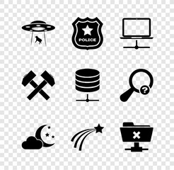 Wall Mural - Set UFO abducts cow, Police badge, Computer network, Cloud with moon and stars, Falling and FTP cancel operation icon. Vector