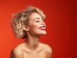 Beautiful blonde woman in red lipstick smiling in profile on a red background. Generative AI.