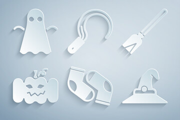 Wall Mural - Set Socks, Handle broom, Pumpkin, Witch hat, Sickle and Ghost icon. Vector